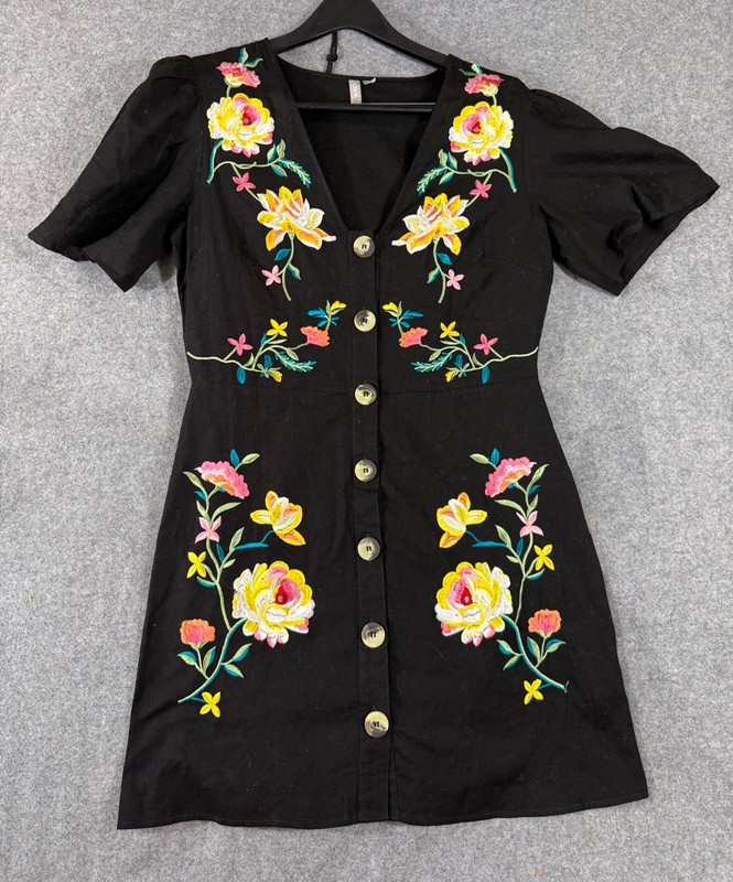 ASOS Button Through Mini Tea Dress Womens 8 Black Floral Embroidered Puff Sleeve