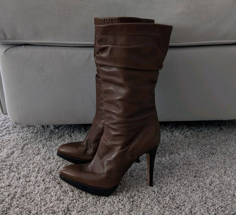 Brian Atwood Brown Leather Slouch Mid-Calf Pull-On Almond Toe Boots gallery