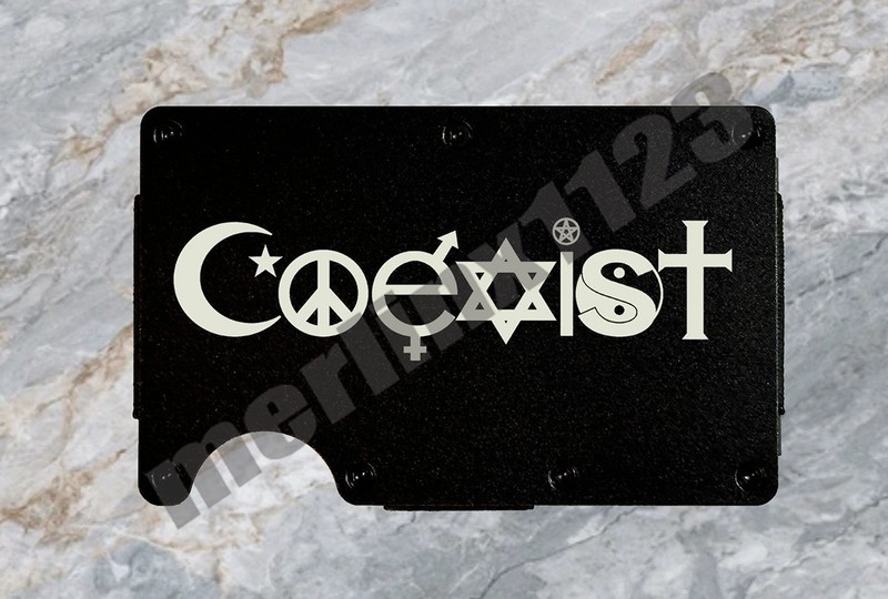 Coexist Wallet Laser Engraved Peace Symbol RFID Blocking Slim Minimalist Metal