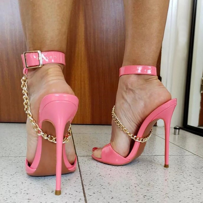 Sexy Women's Glossy Open Toe Mules Slides Dress Chain High Heels Shoes Slingback gallery