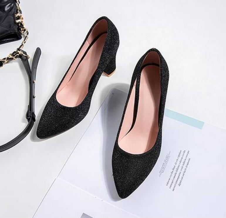 Womens Sequins Pointy Toe Block Heel Pump Slip On High Heel Glitter Wedding Shoe