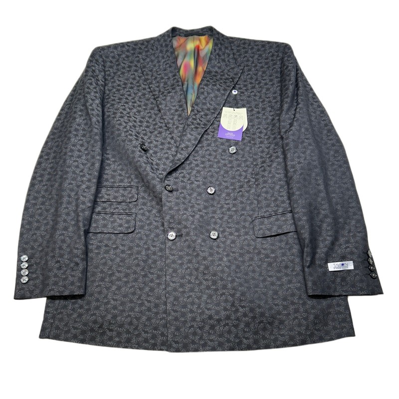 Tayion Double Breasted Sport Coat Mens 46L Black Grey Patterned Blazer $360 NEW