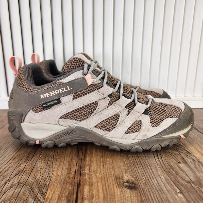 Merrell Alverstone Waterproof Hiking Shoes Womens Sz 9.5 Brown Suede Mesh Trails