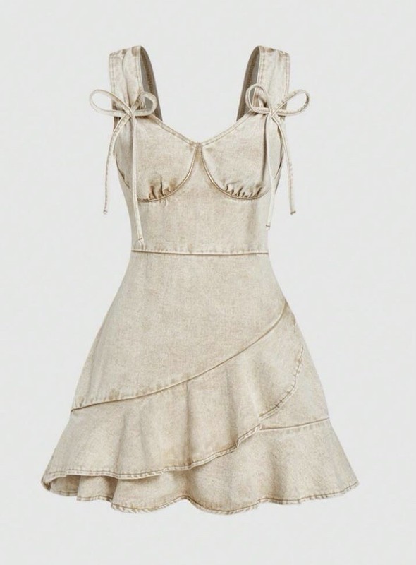 Women M Sleeveless Acid Wash Tan Denim Mini Dress Sweetheart Neckline ruffle hem