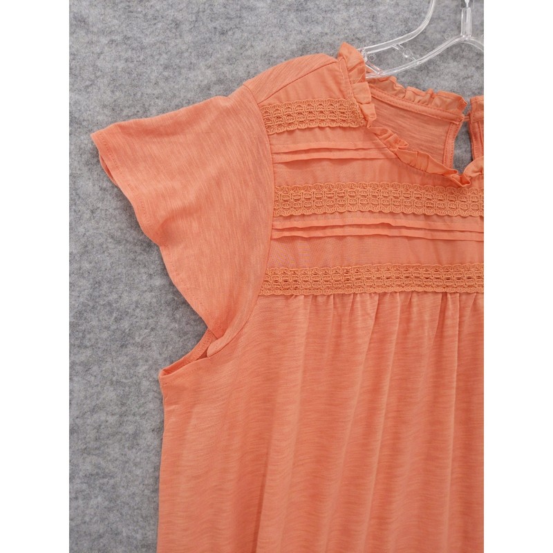 Ella Moss Ruffle Neck Top Crochet Trim Flutter Sleeve Blouse Coral Size L gallery