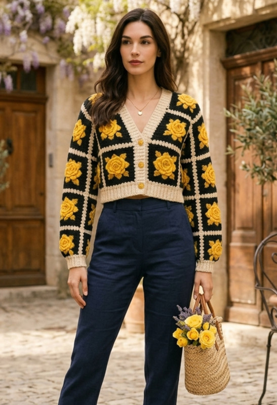 Handmade Crochet Women Cropped Cardigan Sweater Vintage Sunflower