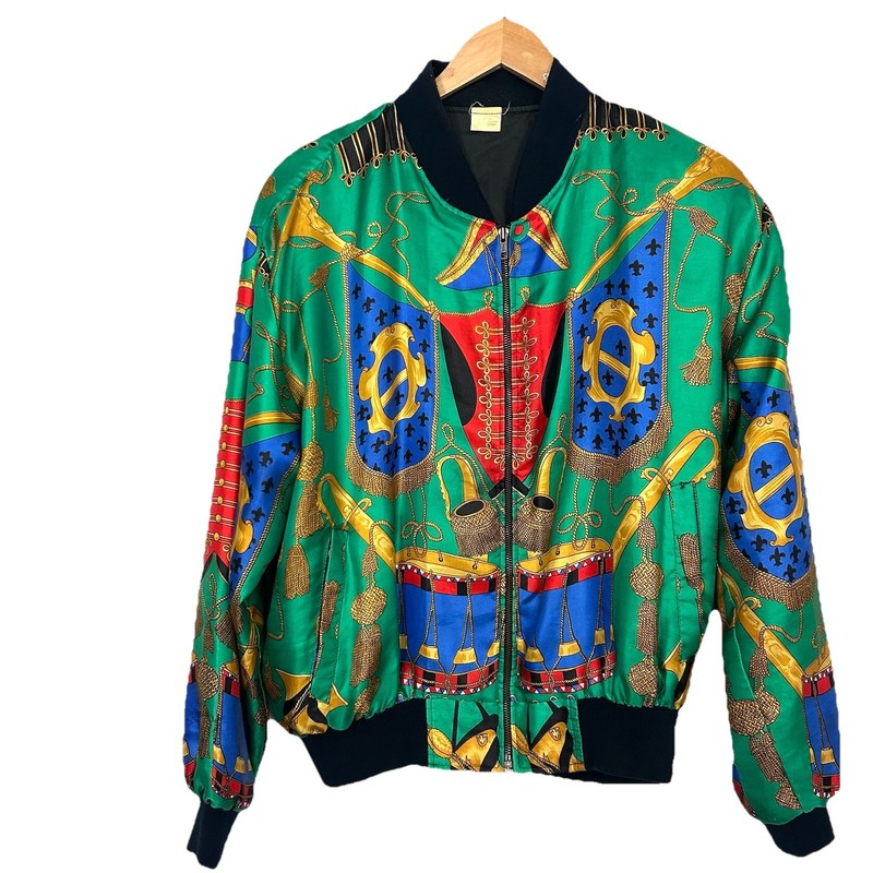 Vtg 80s 90s Green Gold Baroque Military Crest Silky Bomber Jacket L 24×23 Korea