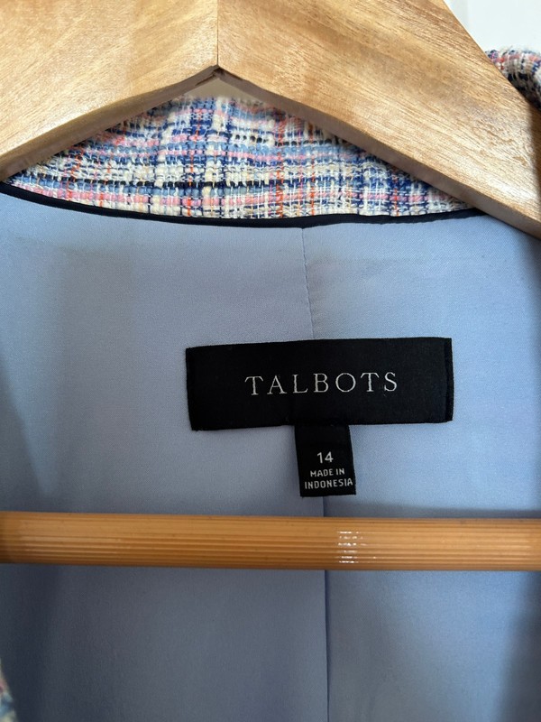 Talbots 14 Pink White Blue Tweed Blazer Jacket Lined Silver Buttons gallery
