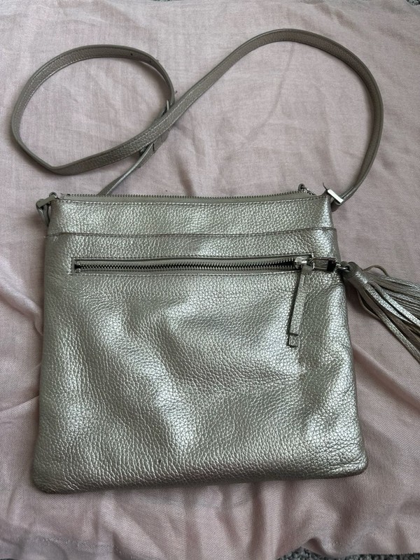 Halogen Silver Pebbled Leather Crossbody Bag with Tassel