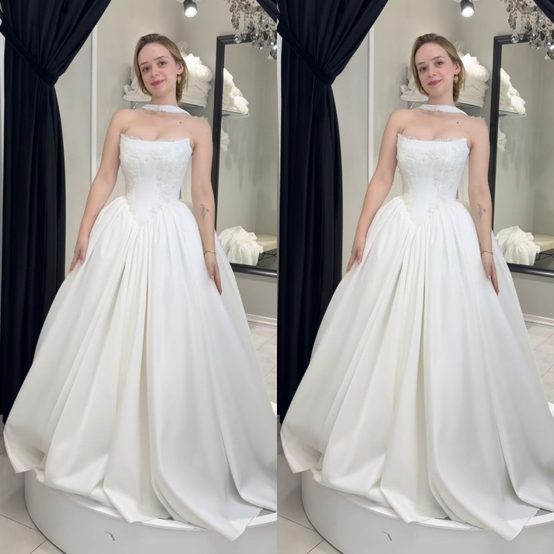 Classic Wedding Dresses Strapless A Line Satin White/Ivory Bridal Gowns