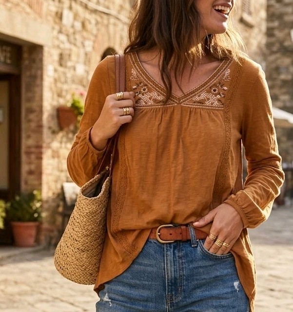 Women Small Amber Brown Long Sleeve Lace Yoke V-Neck Bohemian Top