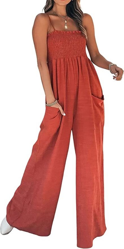 Women's Summer Sleeveless Smocked Wide Leg One Piece Jumpsuit with Pockets gallery