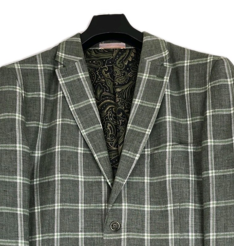 Inserch Blazer Mens 3XL Green Plaid 100% Linen 2 Button Sport Coat Paisley Lined