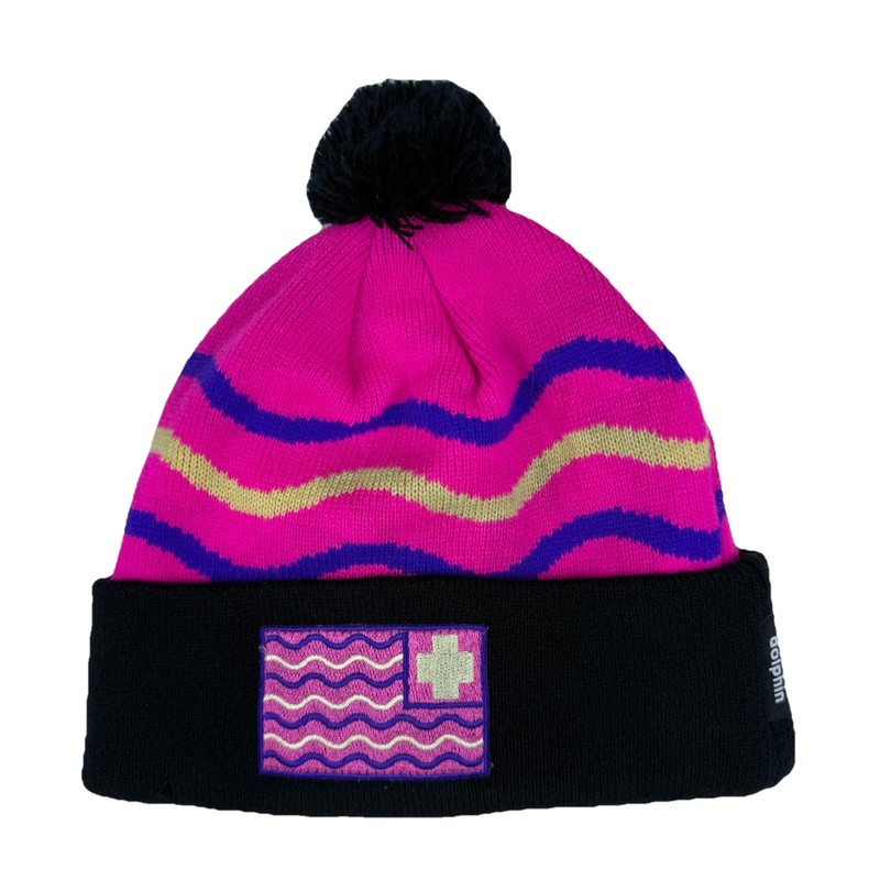 Pink Dolphin Beanie Knit Hat W/Pom Pom 1 size Pink / Black 100% authentic NWOT