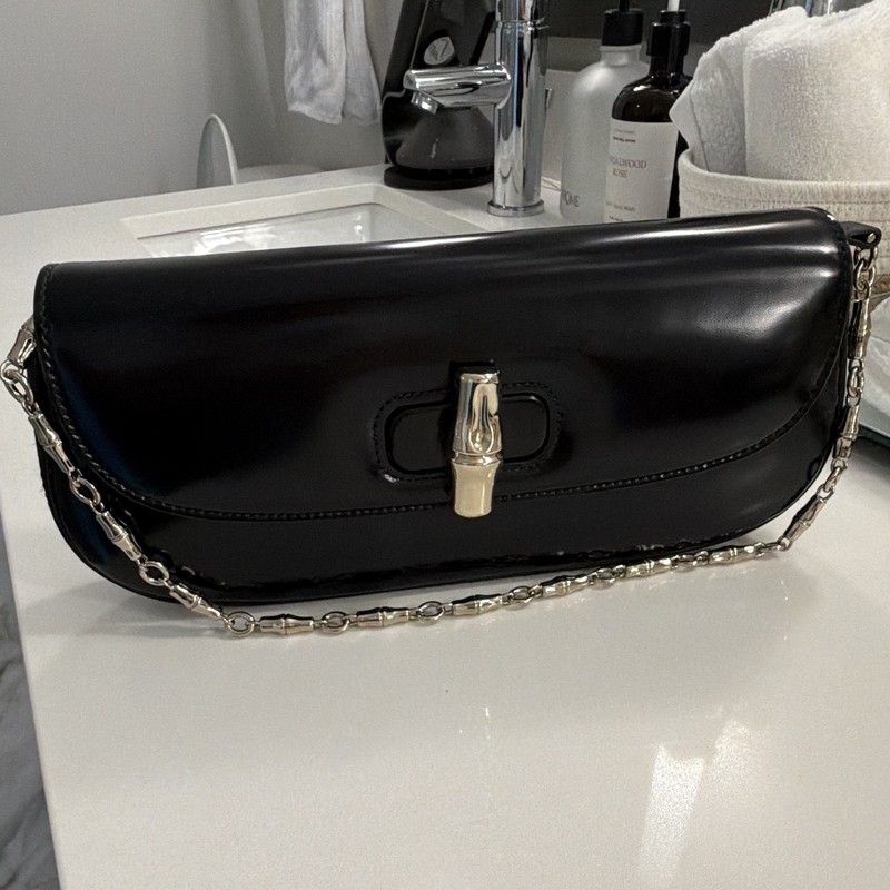 Women’s Black Small Clutch with Silver Chain Shoulder Strap Turn Lock