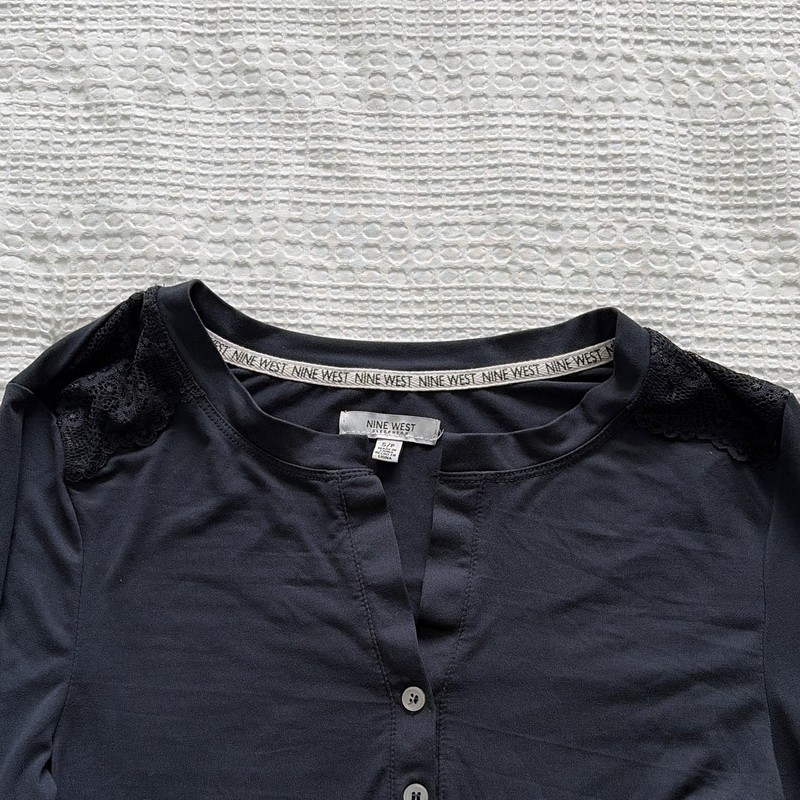 Nine West Women’s Navy Solid Henley Long Sleeve Pajama Set Button Lace S/P gallery