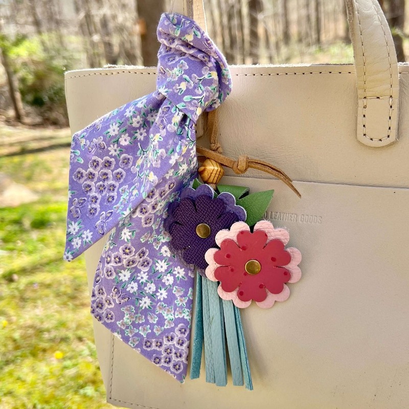 Spring Flowers Leather Tassel Bag Charm Pink, Blue and Purple