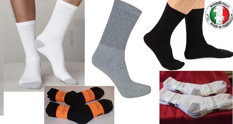 Davido Mens socks crew 100% cotton made in Italy white / black 6 pack