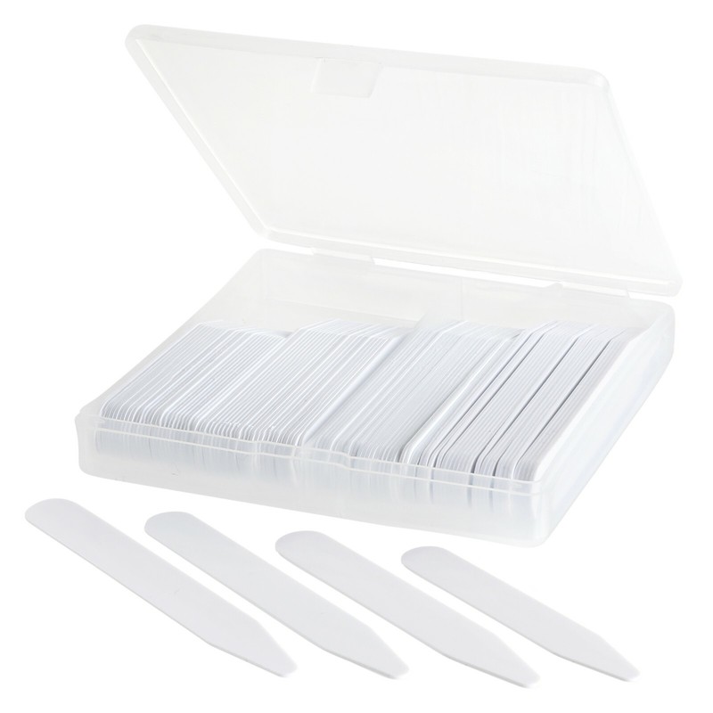 100 Plastic Collar Stays for Men Shirts 4 Various Sizes In Clear Divided Box