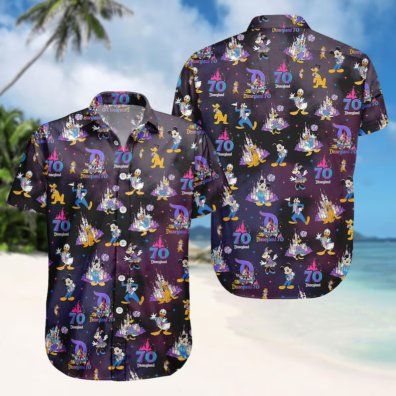 Disney Mickey Friends Disneyland 70th Anniversary Summer Aloha Hawaiian Shirt