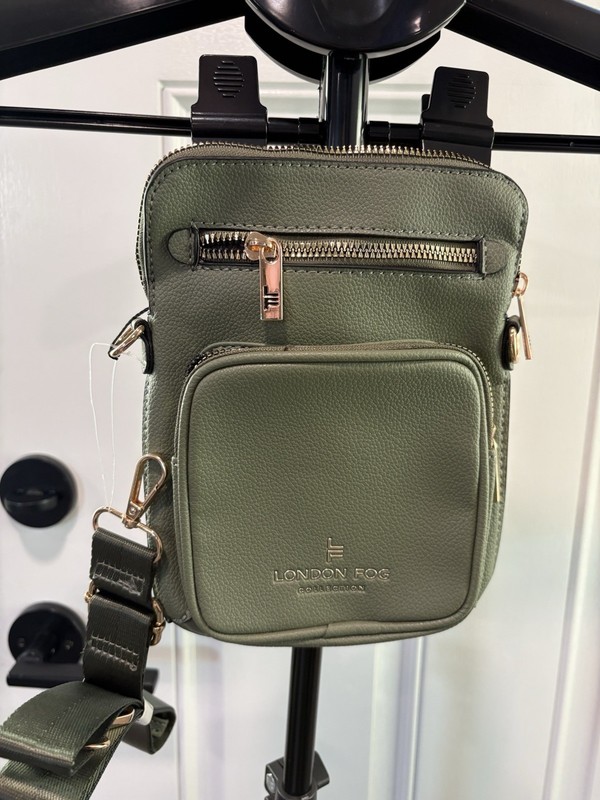 London Fog Small Green Pebbled Crossbody Bag Zip, Adjustable Strap, Pockets