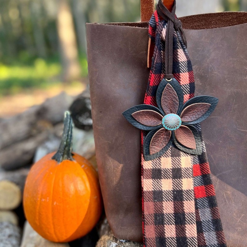 Leather Flower Bag Charm – Large Flower with Loop – Rustic Black and Brown