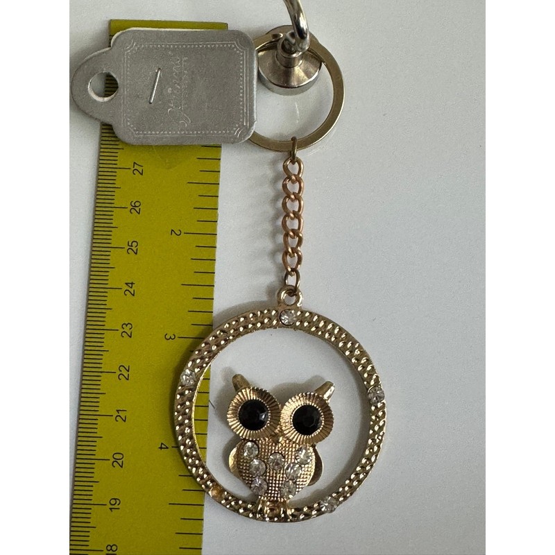 Gold Tone Owl Keychain Rhinestone Accents Black Eyes Whimsical Bag Charm