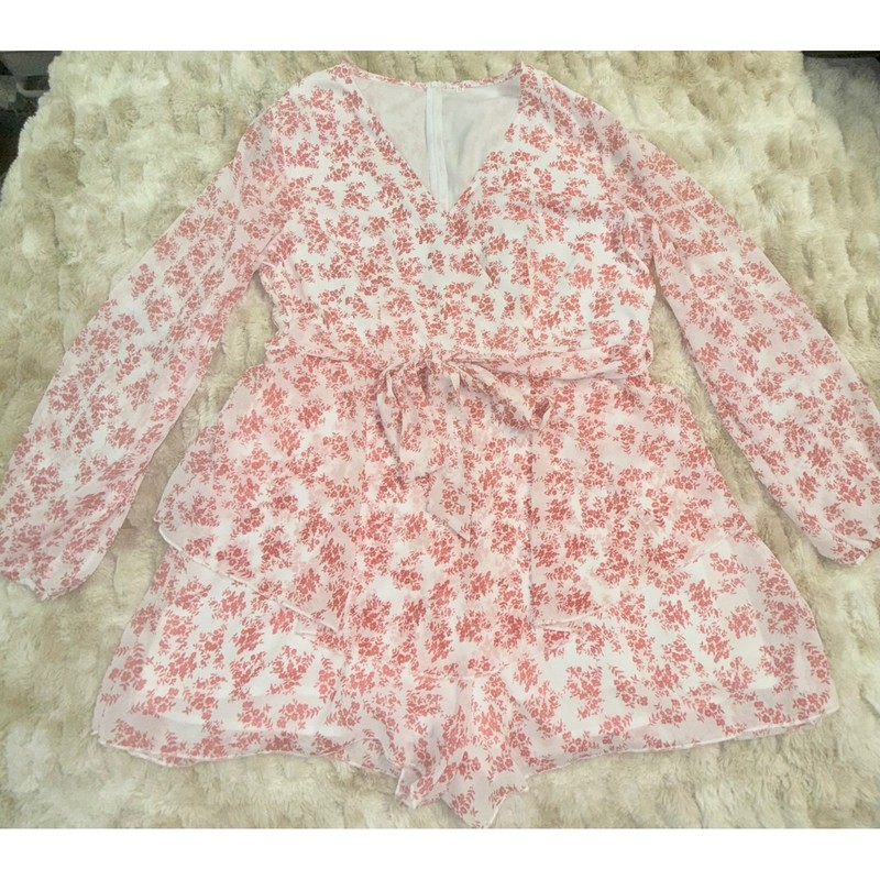 Floral Long Sleeve Romper V-Neck Ruffle Tiered Tie Waist Pink White Womens