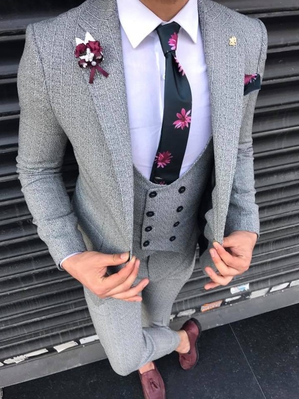 DESIGNER BUSINESS GREY PINSTRIPE MEN'S SUIT SPORT COAT TROUSERS WAISTCOAT FITTED gallery