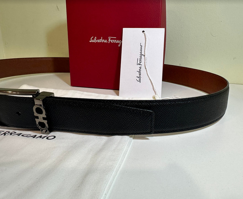 ADJUSTABLE REVERSIBLE RADICA/NERO LEATHER SALVATORE FERRAGAMO BELT GUNMETAL BUCK gallery