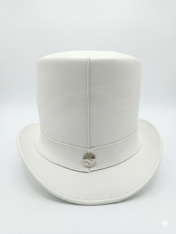 Unisex White Leather Top Hat, Steampunk Gothic Fedora for Cosplay & Theater