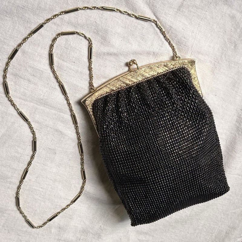 Vintage Whiting & Davis Black & Gold Beaded Metal Mesh Long Chain Evening Bag