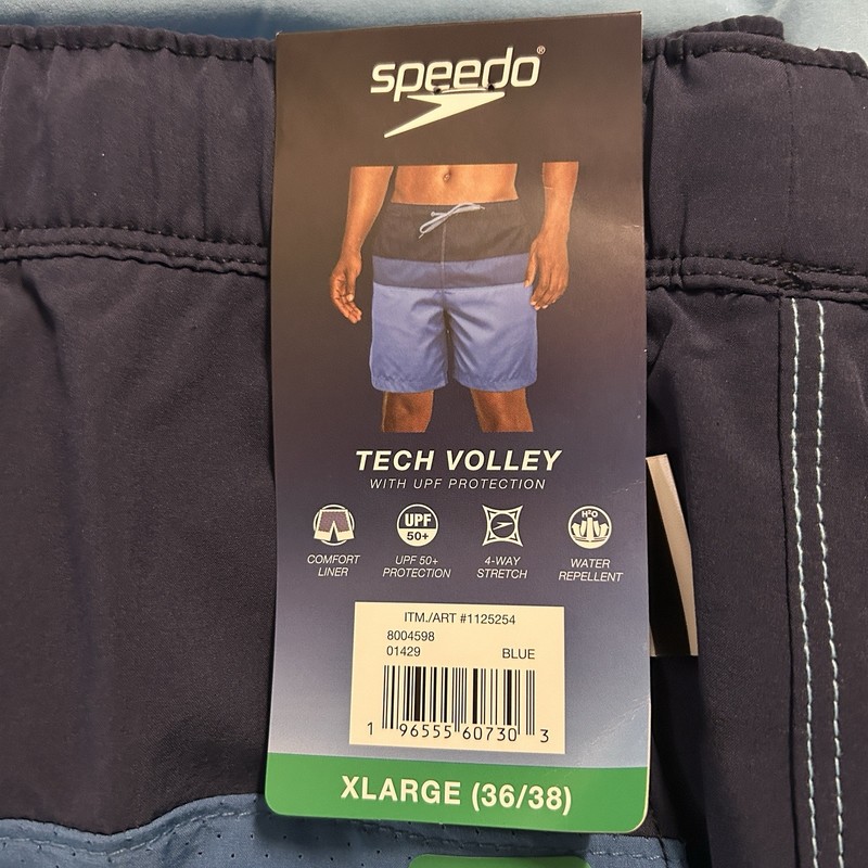 Speedo Tech Volley Swim Shorts, Blue, Size XL 36/38, UPF 50+, Liner, 3 Pockets.. gallery