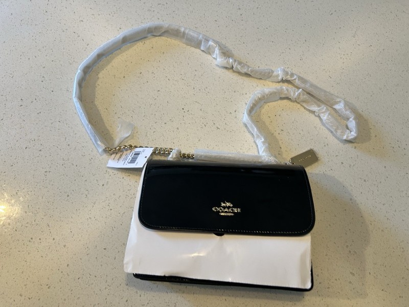 Coach Black White Colorblock Patent Crossbody Bag, Chain Strap, Magnetic