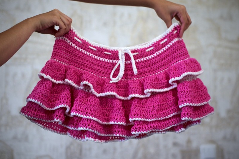 Handmade Crochet Ruffle Mini Skirt Tiered Pink White Summer Festival Drawstring