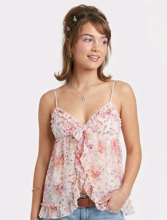 Vtg Victoria’s Secret Floral Chiffon Ruffle Tie-Front Camisole Babydoll Top! M