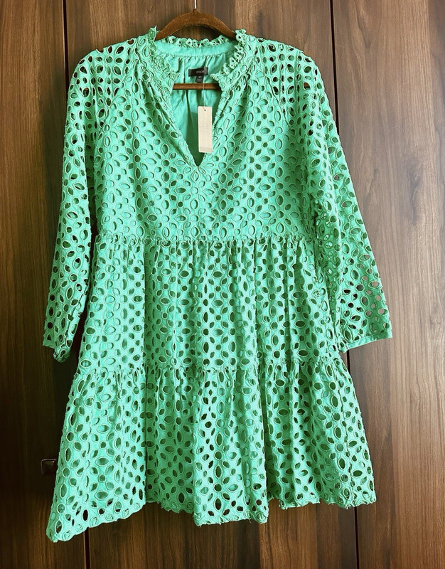 NWT J. CREW Green Eyelet Lace V-Neck 3/4 Sleeve A-Line Short Dress Petite SP