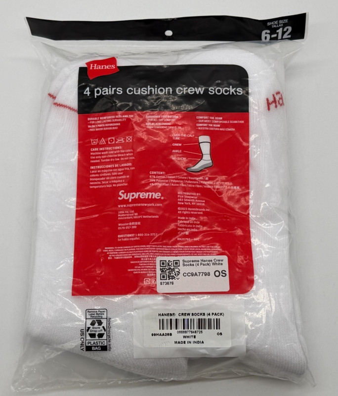 NEW Supreme Hanes Crew Socks White 4 Pack Shoe Size 6-12 gallery