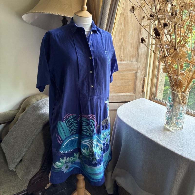 KILOMETRE PARIS Blue Lagoon Cotton Embroidered aquatic scene Shirt Dress M gallery
