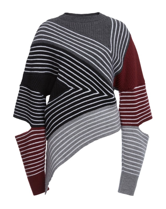 Stella McCartney 3D Stripes Asymmetric Sweater Wool Gray Red Ribbed IT 40