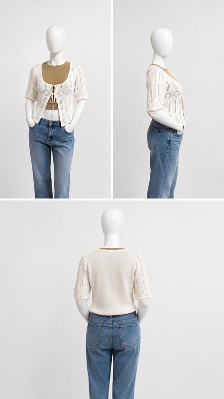 Frye & Co 100% Cotton Open Knit Tie Front Cardigan Sweater Ivory Boho