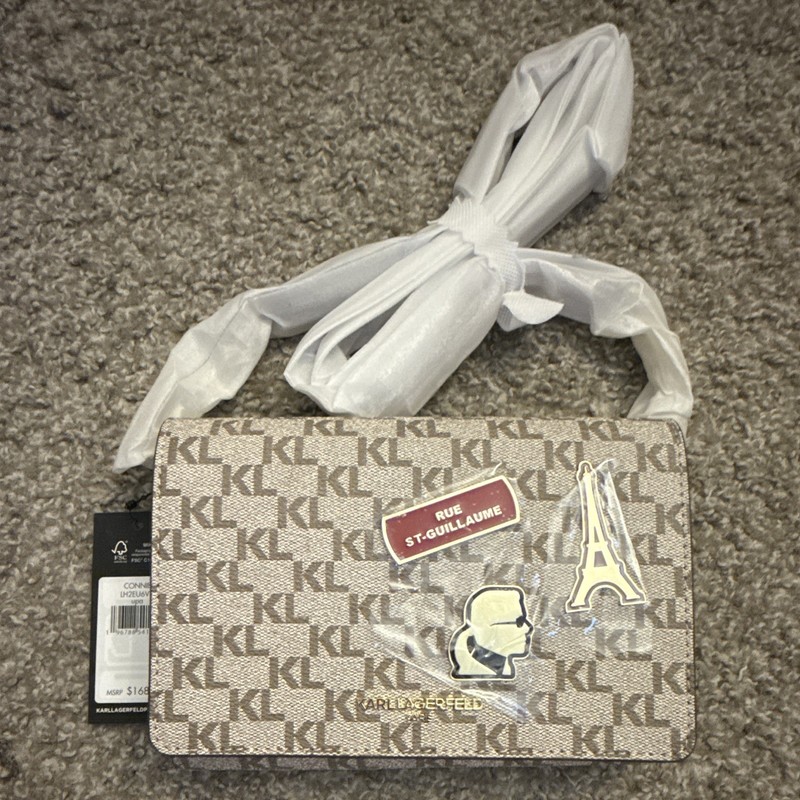Karl Lagerfeld Monogram Crossbody Bag Beige/Brown Zip w/ Paris Applique