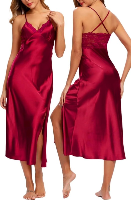 Women Silk Satin Nightgown Sexy Lace Chemise Lingerie Long Sleepdress for Ladies