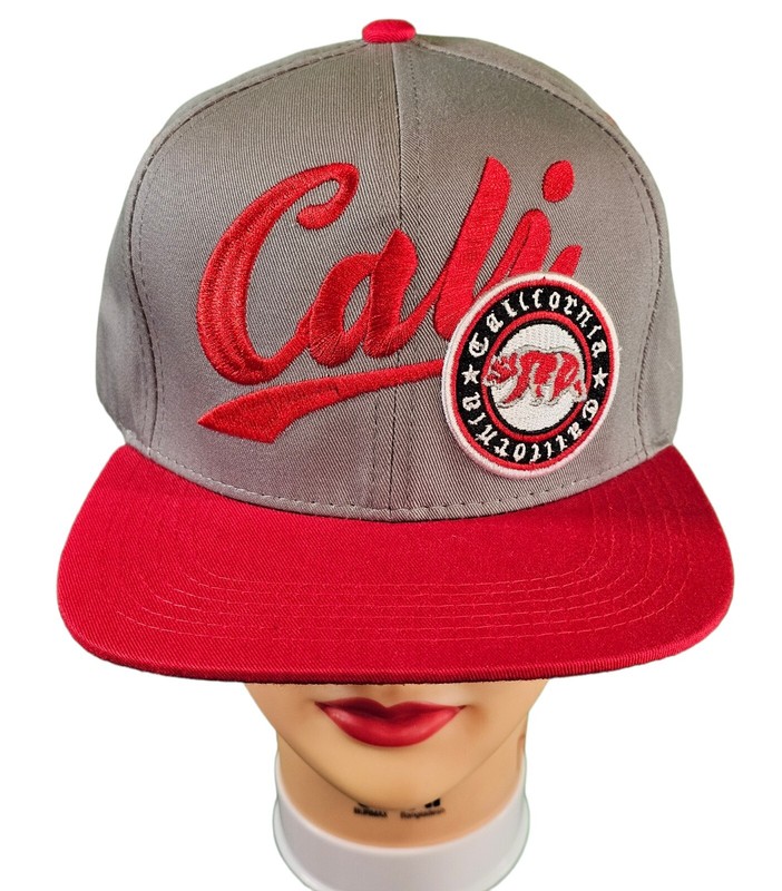 Cali Large Spellout Bear Snapback Hat Red/Gray L.O.G.A. California Cap