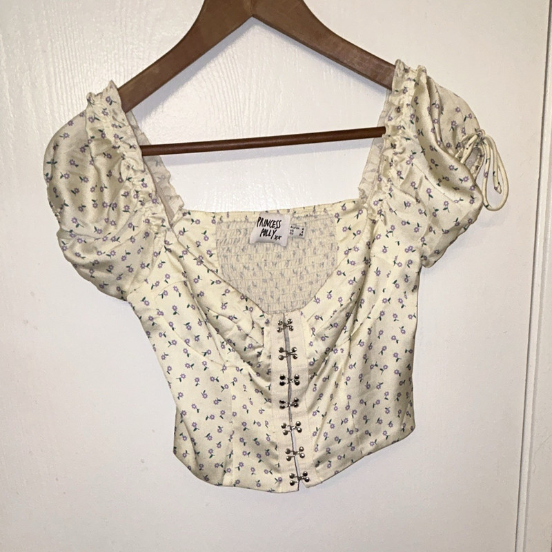Princess Polly Ivory Floral Square Neck Puff Sleeve Smocked Crop Top US 4