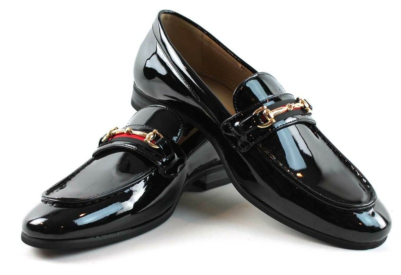 Men’s Patent Black Slip On Gold Buckle Dress Shoes Loafers Formal By AZARMAN