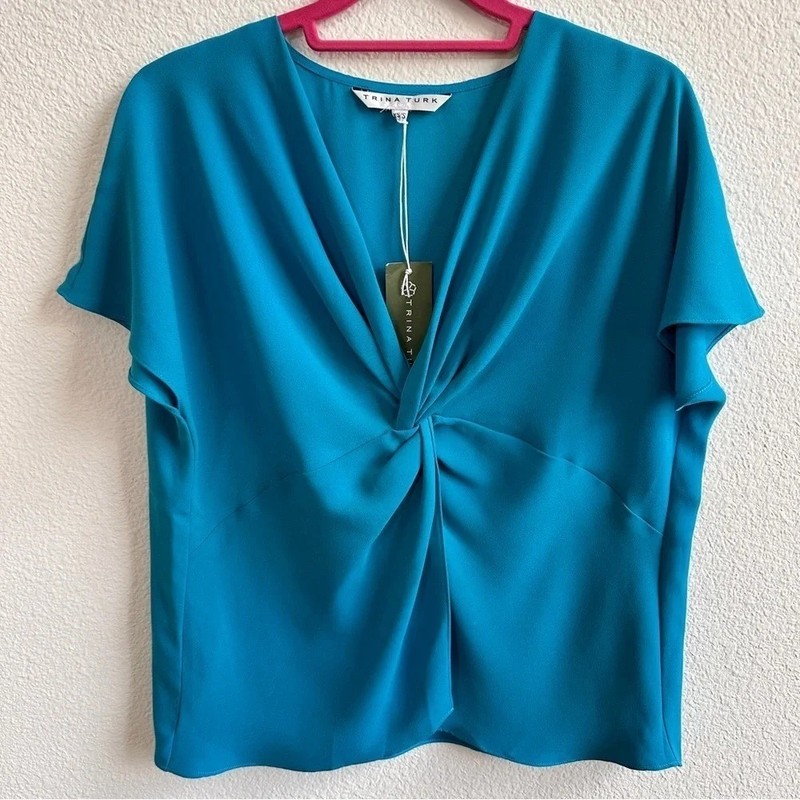 Trina Turk Front Wrap V-Neck Twist Front Top in Turquoise Blue – XS/S