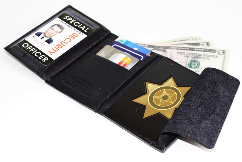 Black Concealed Carry Badge Holder Leather Mens Wallet 7 Point Star Shield