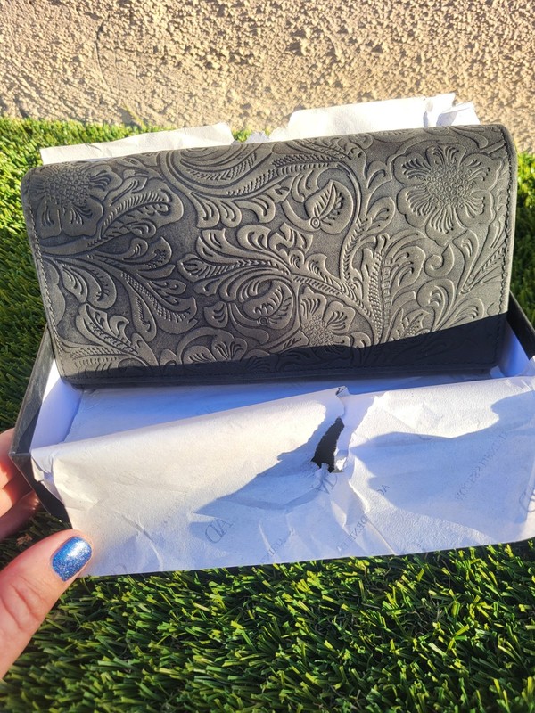 Access Denied Black Embossed Genuine Leather Accordian Long Wallet.