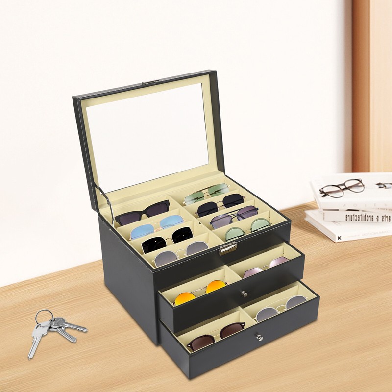 Sunglasses Storage Box 3 Layer 24 Slot Black Glasses Organizer Display Case MDF gallery